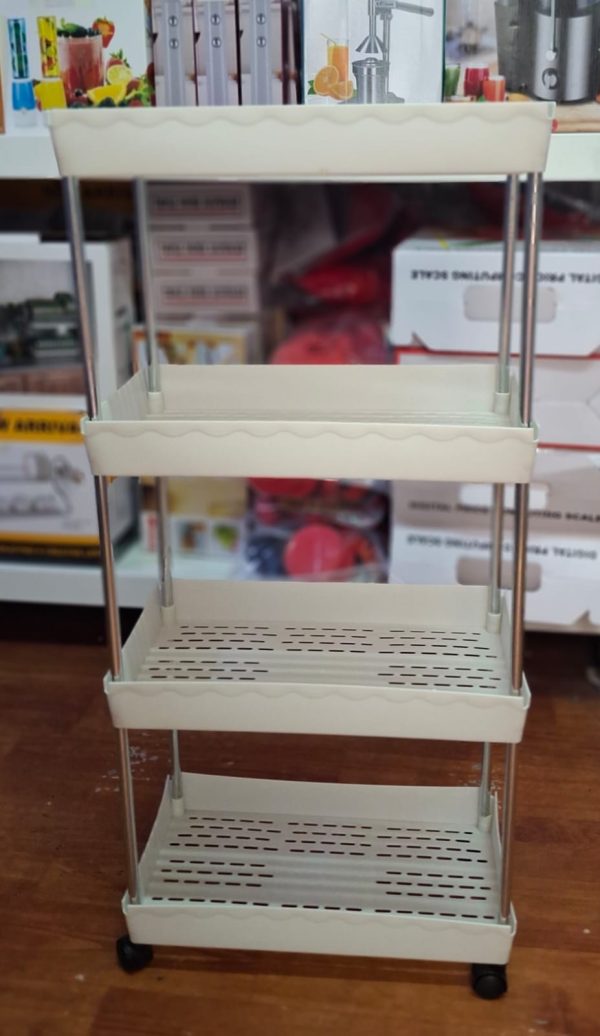 CARRITO 4 NIVELES BANDEJA DE PLASTICO CON TUBOS DE FIERRO  Y 4  RUEDAS PLASTICAS