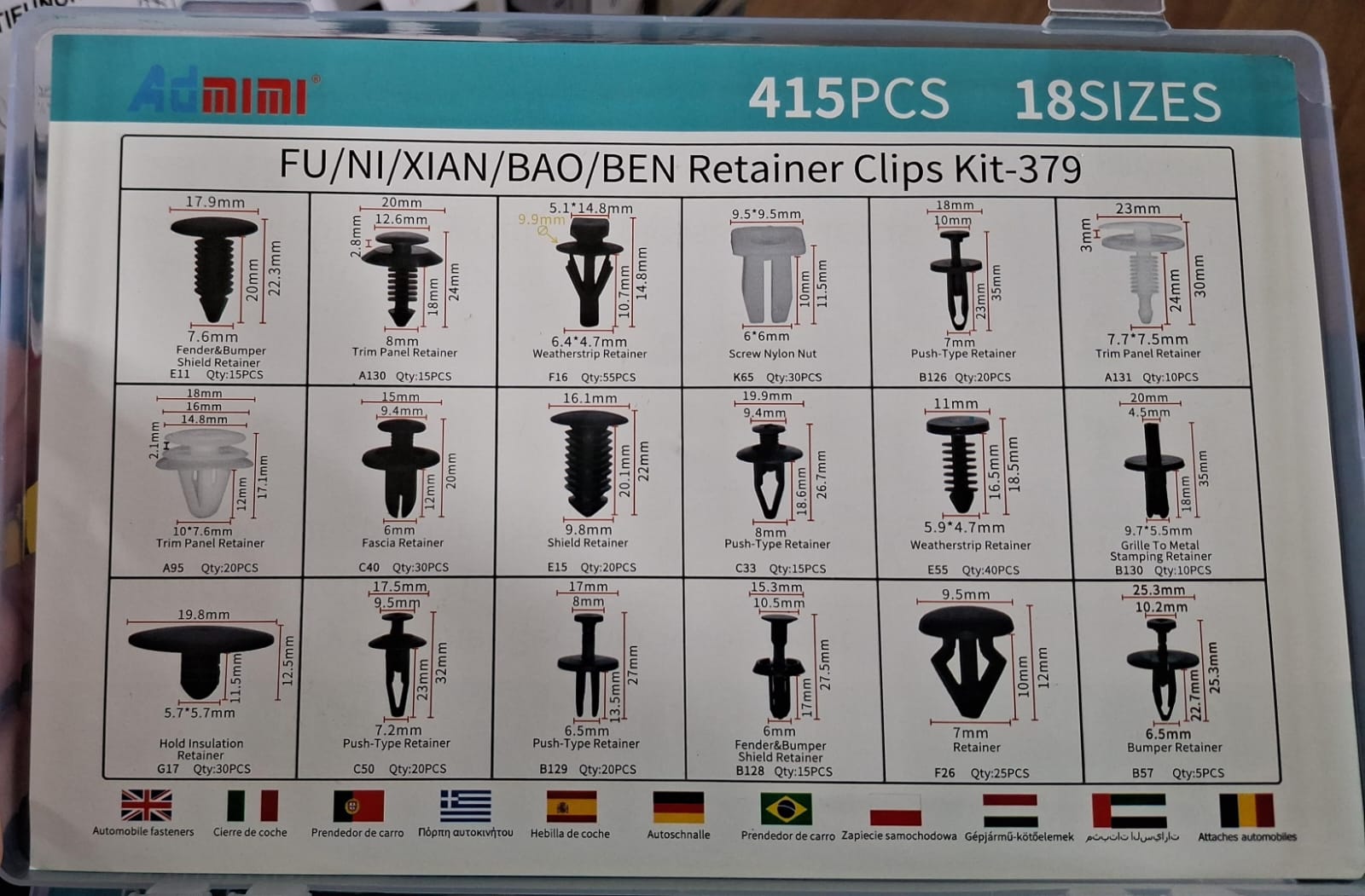 BROCHES RETENCION PARA AUTO DE 415 PIEZAS